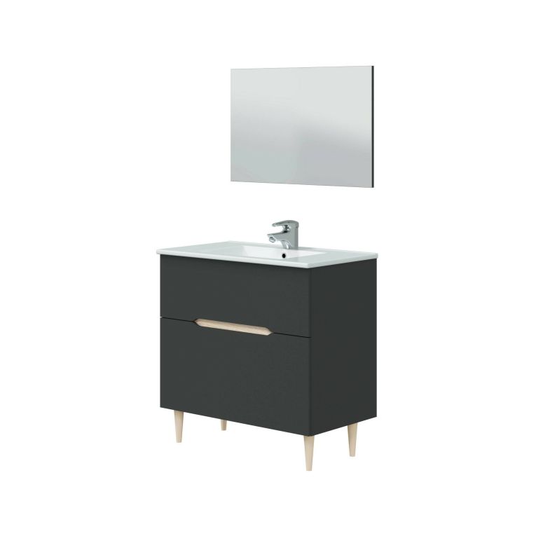 Mobile sottolavabo Yarmouth, Sotto lavabo bagno, Mobiletto da bagno con specchio, Lavabo non incluso, 80x45h80 cm, Antracite e Rovere