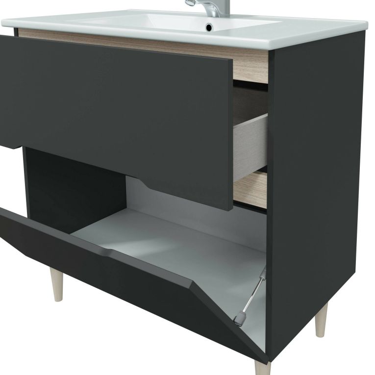 Mobile sottolavabo Yarmouth, Sotto lavabo bagno, Mobiletto da bagno con specchio, Lavabo non incluso, 80x45h80 cm, Antracite e Rovere