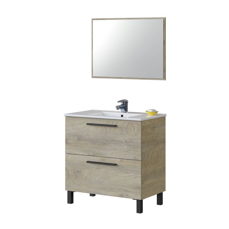 Mobile sottolavabo Yonkers, Mobiletto per bagno a 2 cassetti, Armadietto sospeso con specchio, lavabo non incluso, 80x45h80 cm, Rovere