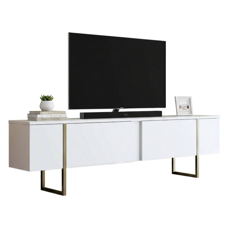 Mobile TV 180x30x50h cm Bianco e Oro con 2 Ante e Ripiano, Mobile Basso Salvaspazio in Legno e Metallo per Soggiorno Moderno – Abishia
