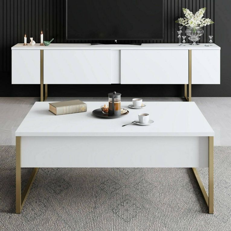 Mobile TV 180x30x50h cm Bianco e Oro con 2 Ante e Ripiano, Mobile Basso Salvaspazio in Legno e Metallo per Soggiorno Moderno – Abishia