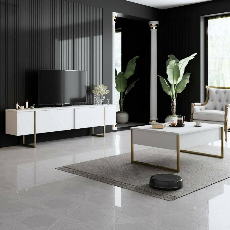 Mobile TV 180x30x50h cm Bianco e Oro con 2 Ante e Ripiano, Mobile Basso Salvaspazio in Legno e Metallo per Soggiorno Moderno – Abishia