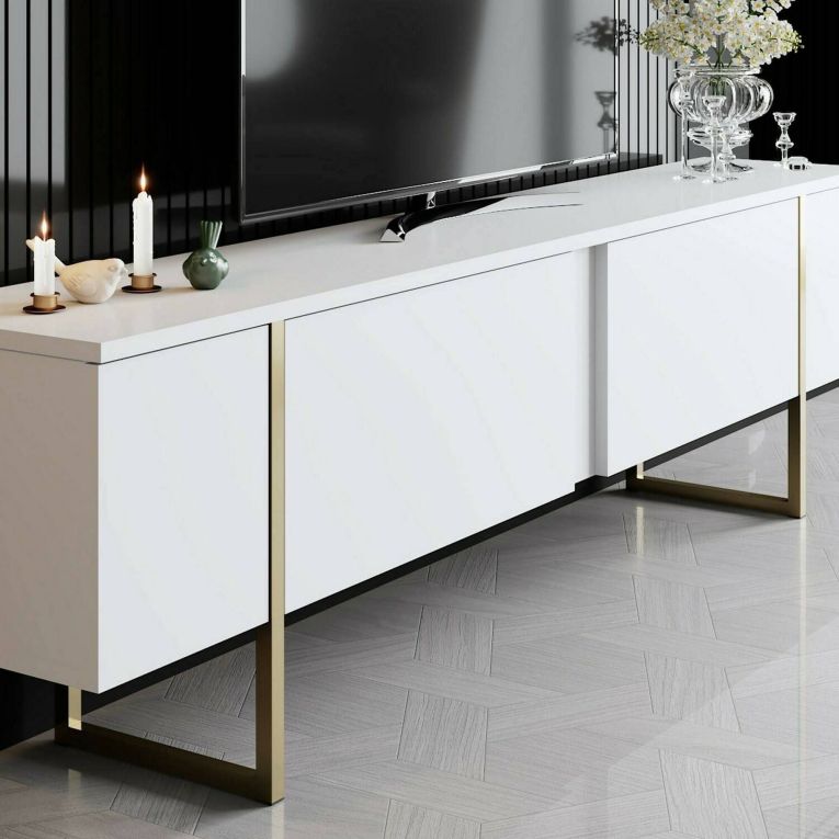 Mobile TV 180x30x50h cm Bianco e Oro con 2 Ante e Ripiano, Mobile Basso Salvaspazio in Legno e Metallo per Soggiorno Moderno – Abishia