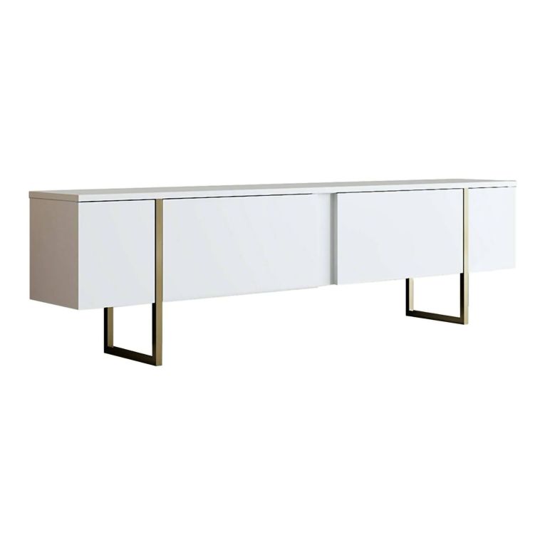 Mobile TV 180x30x50h cm Bianco e Oro con 2 Ante e Ripiano, Mobile Basso Salvaspazio in Legno e Metallo per Soggiorno Moderno – Abishia
