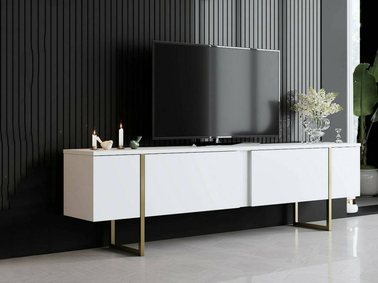 Mobile TV 180x30x50h cm Bianco e Oro con 2 Ante e Ripiano, Mobile Basso Salvaspazio in Legno e Metallo per Soggiorno Moderno – Abishia