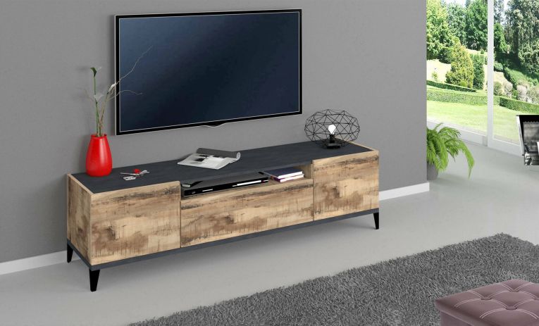 Mobile TV acero e ardesia 160x40x47h cm 2 ante e 1 cassetto - Argentoro