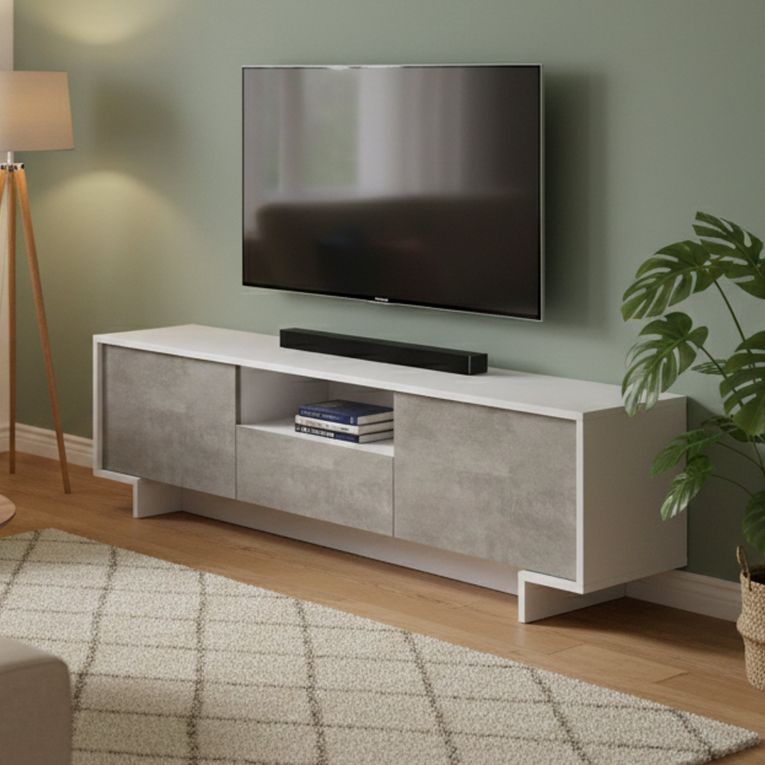 Mobile TV bianco e cemento 170x42x48h cm 2 ante e 1 cassetto - Atina