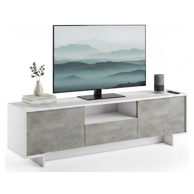 Mobile TV bianco e cemento 170x42x48h cm 2 ante e 1 cassetto - Atina