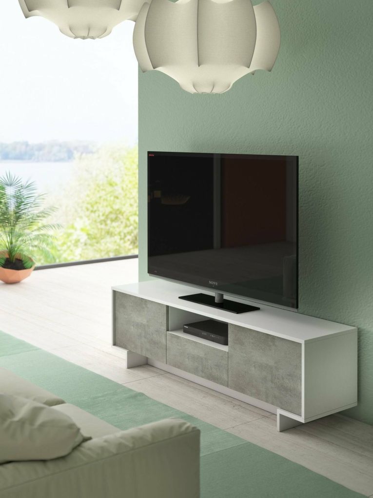 Mobile TV bianco e cemento 170x42x48h cm 2 ante e 1 cassetto - Atina