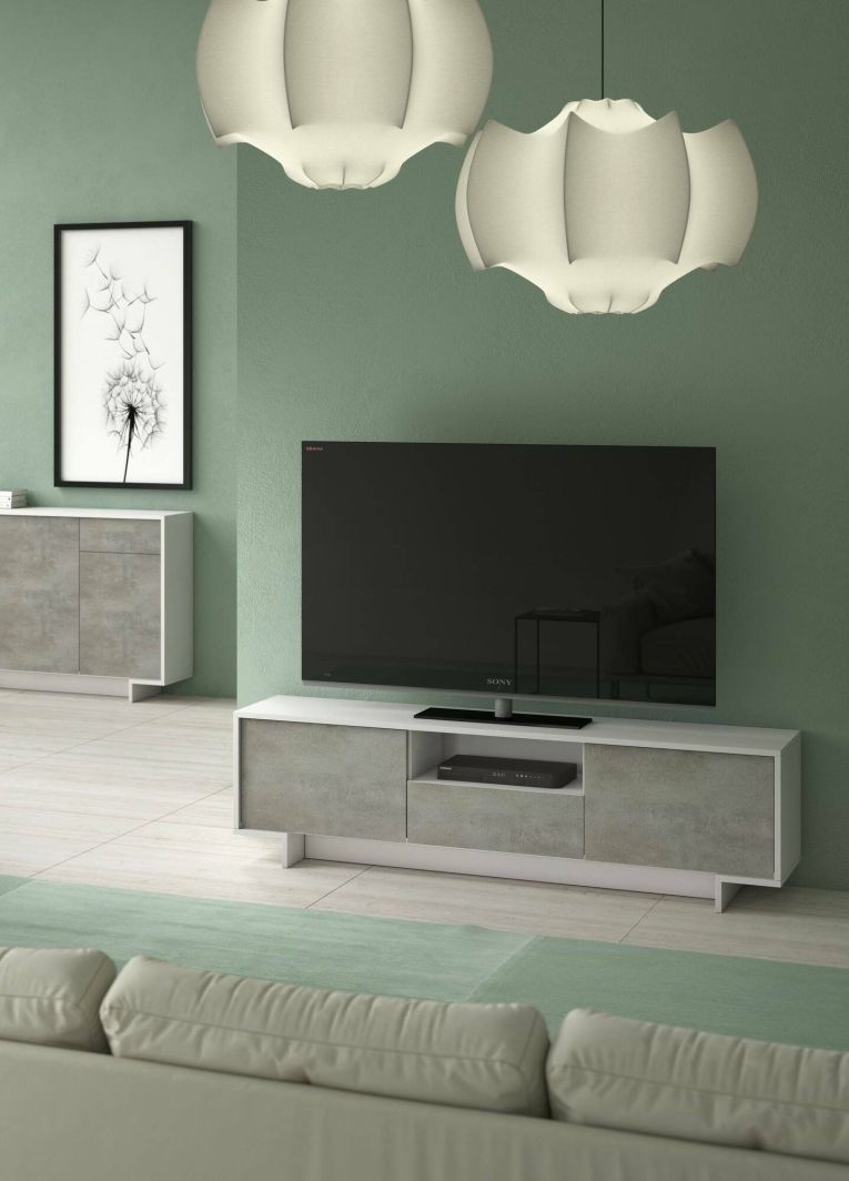 Mobile TV bianco e cemento 170x42x48h cm 2 ante e 1 cassetto - Atina