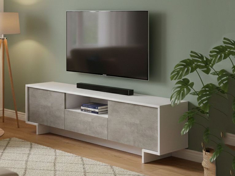 Mobile TV bianco e cemento 170x42x48h cm 2 ante e 1 cassetto - Atina