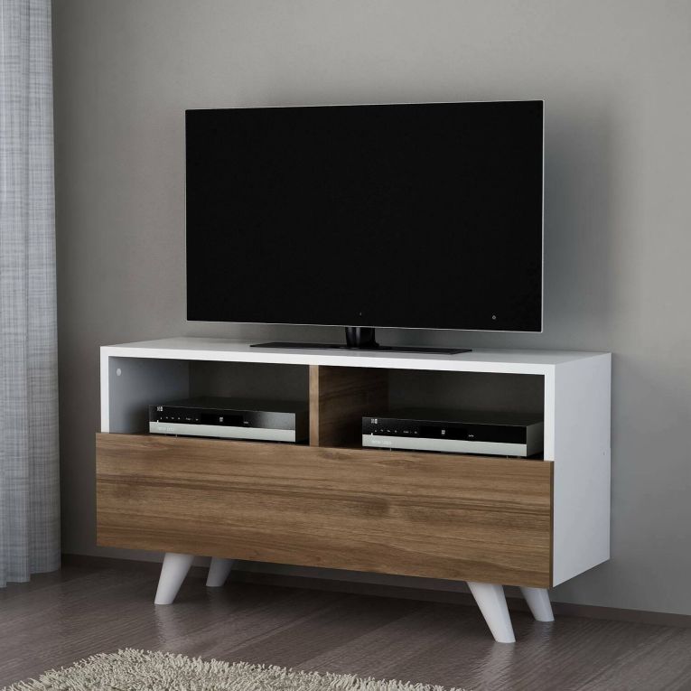 Mobile TV bianco e noce 90x29x50h cm in legno - Mun