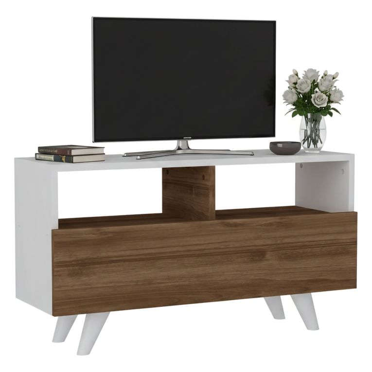 Mobile TV bianco e noce 90x29x50h cm in legno - Mun