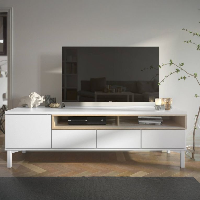 Mobile TV bianco e quercia 155x48x48h cm in legno - Rosata