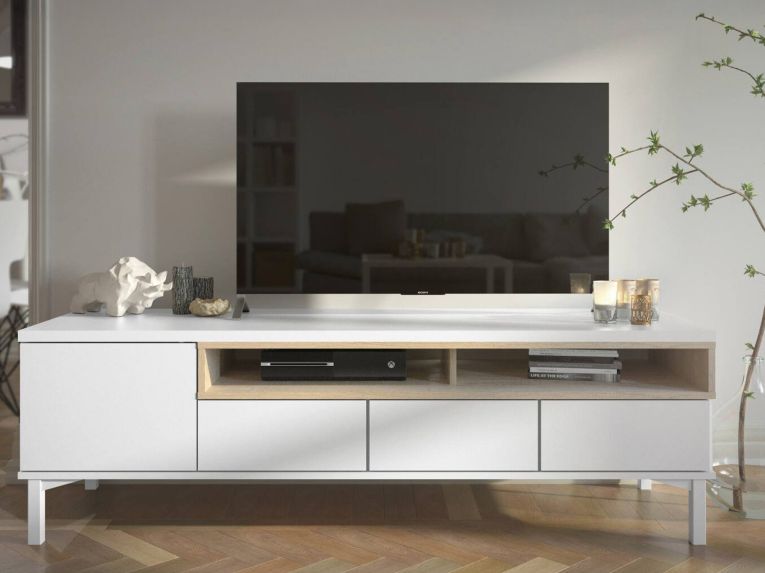 Mobile TV bianco e quercia 155x48x48h cm in legno - Rosata