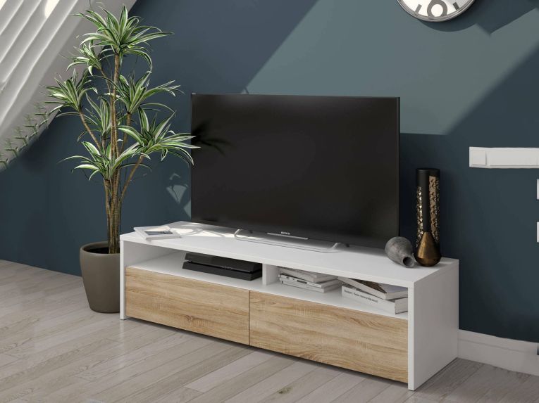 Mobile TV bianco e rovere 130x40x36h cm 2 ante - Ahuri