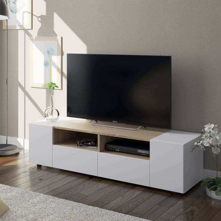Mobile TV bianco e rovere 138x42x36h cm 4 ante - Ebe