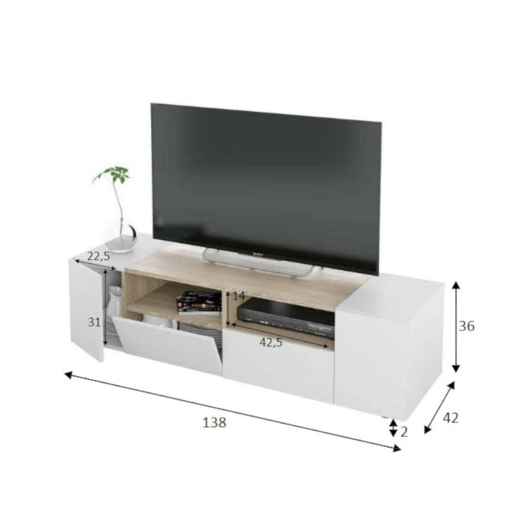 Mobile TV bianco e rovere 138x42x36h cm 4 ante - Ebe