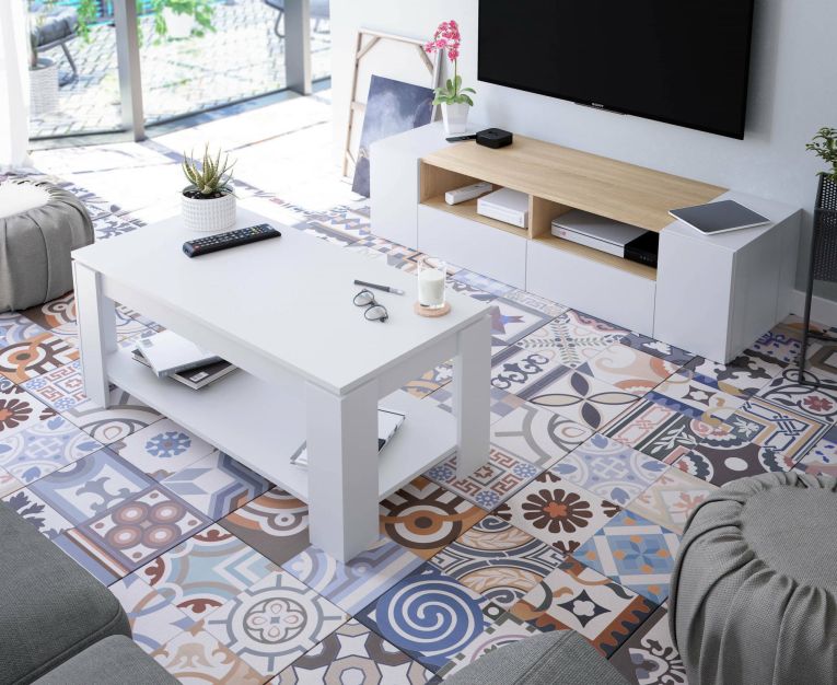 Mobile TV bianco e rovere 138x42x36h cm 4 ante - Ebe