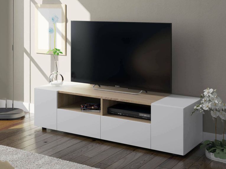 Mobile TV bianco e rovere 138x42x36h cm 4 ante - Ebe