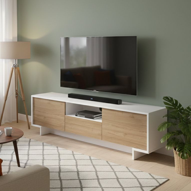Mobile TV bianco e rovere 170x42x48h cm 2 ante e 1 cassetto - Atina