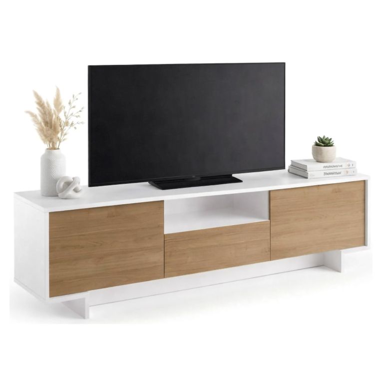 Mobile TV bianco e rovere 170x42x48h cm 2 ante e 1 cassetto - Atina