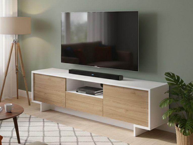 Mobile TV bianco e rovere 170x42x48h cm 2 ante e 1 cassetto - Atina