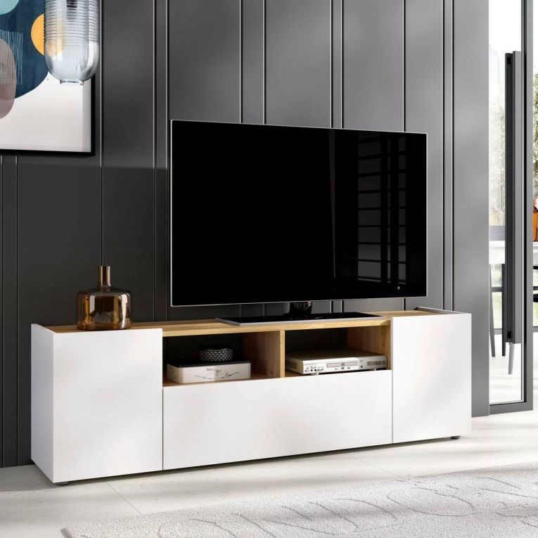 Mobile TV bianco e rovere nodi 141x34x43h cm 3 ante - Vulcano