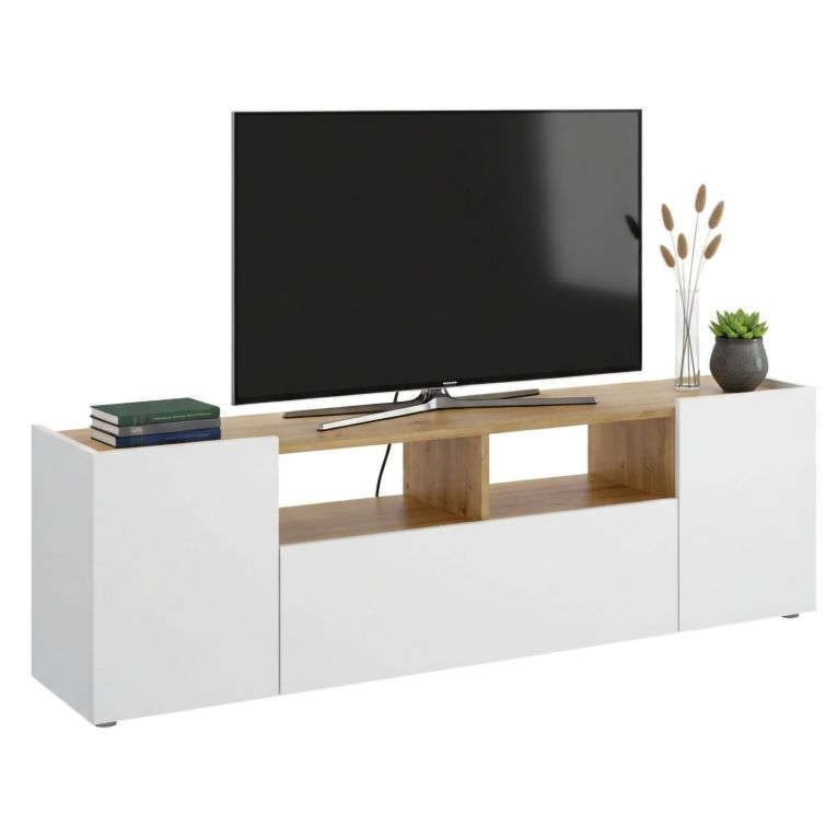 Mobile TV bianco e rovere nodi 141x34x43h cm 3 ante - Vulcano