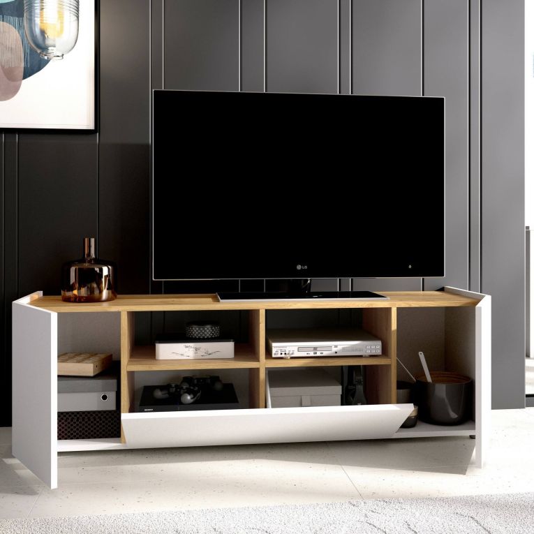 Mobile TV bianco e rovere nodi 141x34x43h cm 3 ante - Vulcano