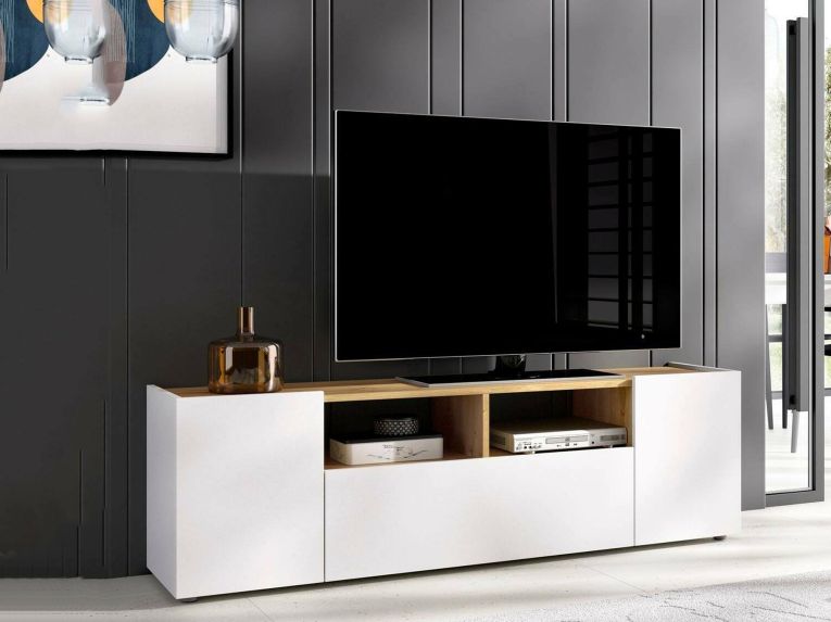 Mobile TV bianco e rovere nodi 141x34x43h cm 3 ante - Vulcano