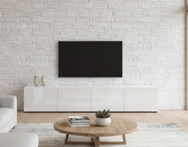 Mobile TV bianco lucido 225x38x39h cm 4 ante - Ame