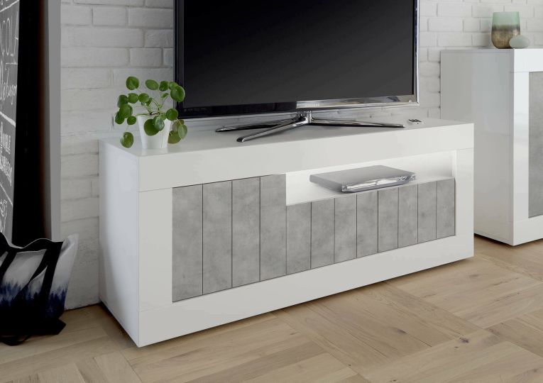 Mobile TV bianco lucido,cemento 138x42x56h cm 3 ante - Iole