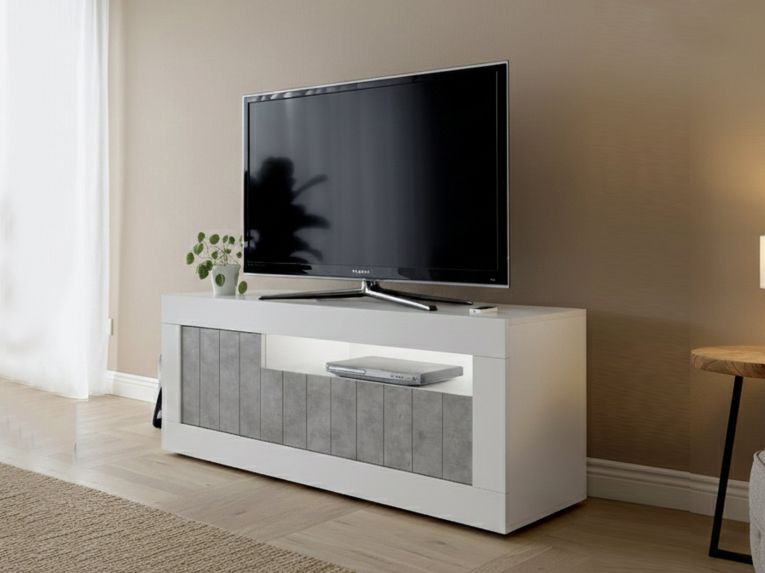 Mobile TV bianco lucido,cemento 138x42x56h cm 3 ante - Iole