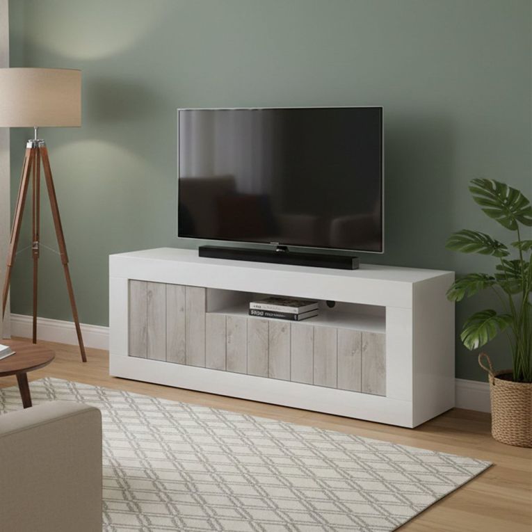 Mobile TV bianco lucido e acacia 138x42x56h cm 3 ante - Iole