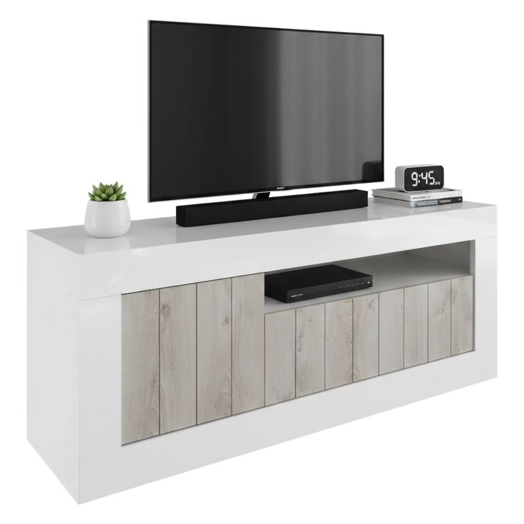 Mobile TV bianco lucido e acacia 138x42x56h cm 3 ante - Iole