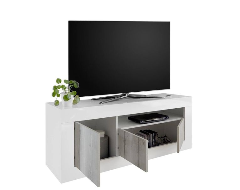 Mobile TV bianco lucido e acacia 138x42x56h cm 3 ante - Iole