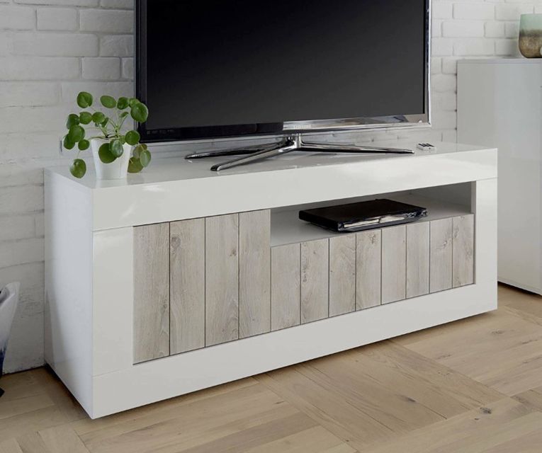 Mobile TV bianco lucido e acacia 138x42x56h cm 3 ante - Iole