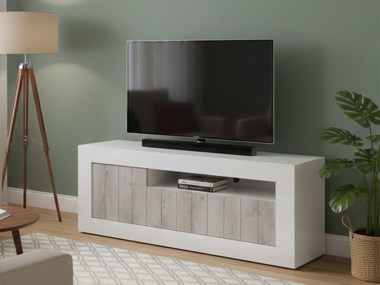 Mobile TV bianco lucido e acacia 138x42x56h cm 3 ante - Iole