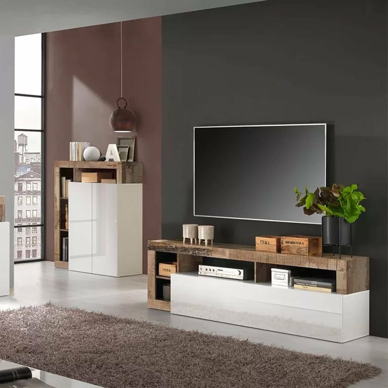 Mobile TV bianco lucido e acacia 184x42x58h cm in legno - Arkangel