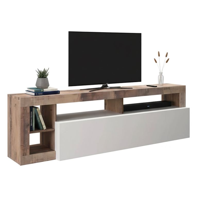 Mobile TV bianco lucido e acacia 184x42x58h cm in legno - Arkangel