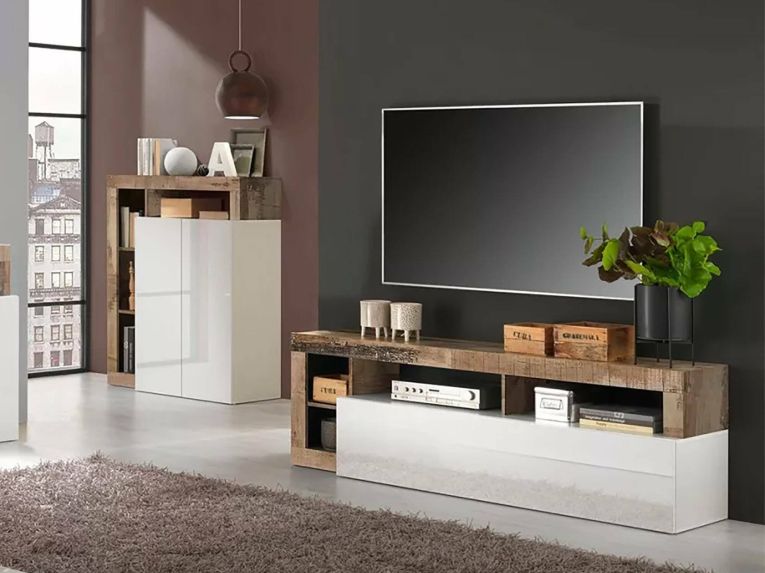 Mobile TV bianco lucido e acacia 184x42x58h cm in legno - Arkangel