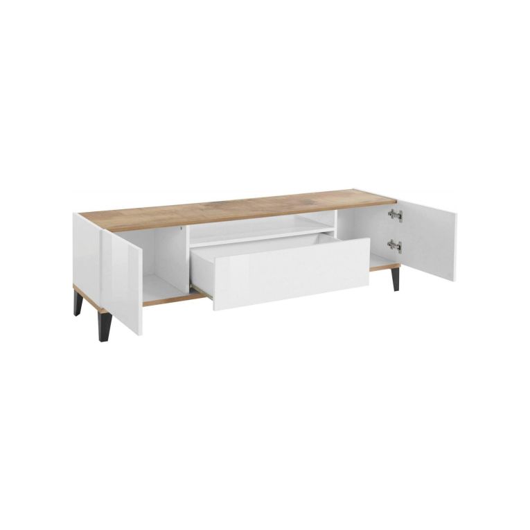 Mobile TV bianco lucido e acero 160x40x47h cm 2 ante e 1 cassetto - Argentoro