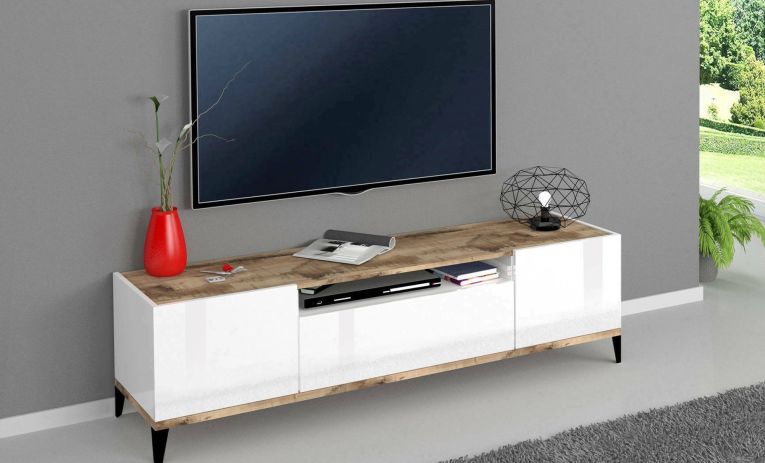 Mobile TV bianco lucido e acero 160x40x47h cm 2 ante e 1 cassetto - Argentoro