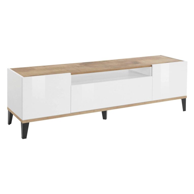 Mobile TV bianco lucido e acero 160x40x47h cm 2 ante e 1 cassetto - Argentoro