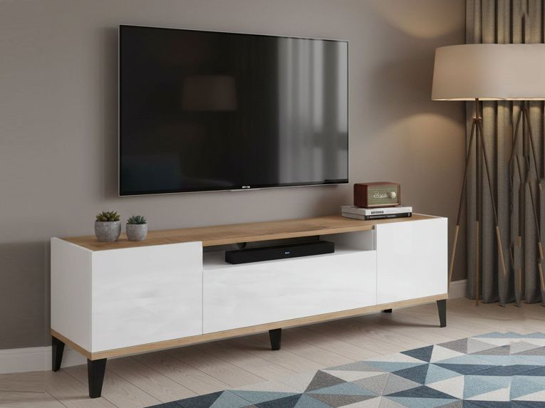 Mobile TV bianco lucido e acero 160x40x47h cm 2 ante e 1 cassetto - Argentoro