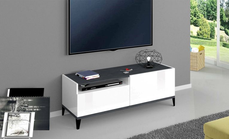 Mobile TV bianco lucido e ardesia 120x40x47h cm in legno - Atris