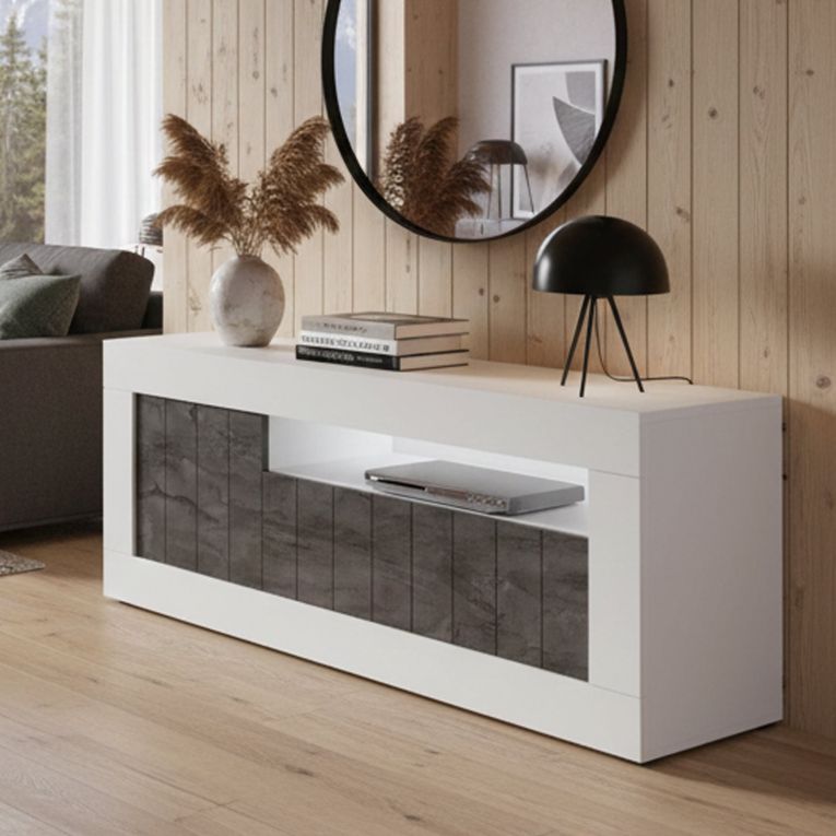 Mobile TV bianco lucido e ardesia 138x42x56h cm 3 ante - Iole