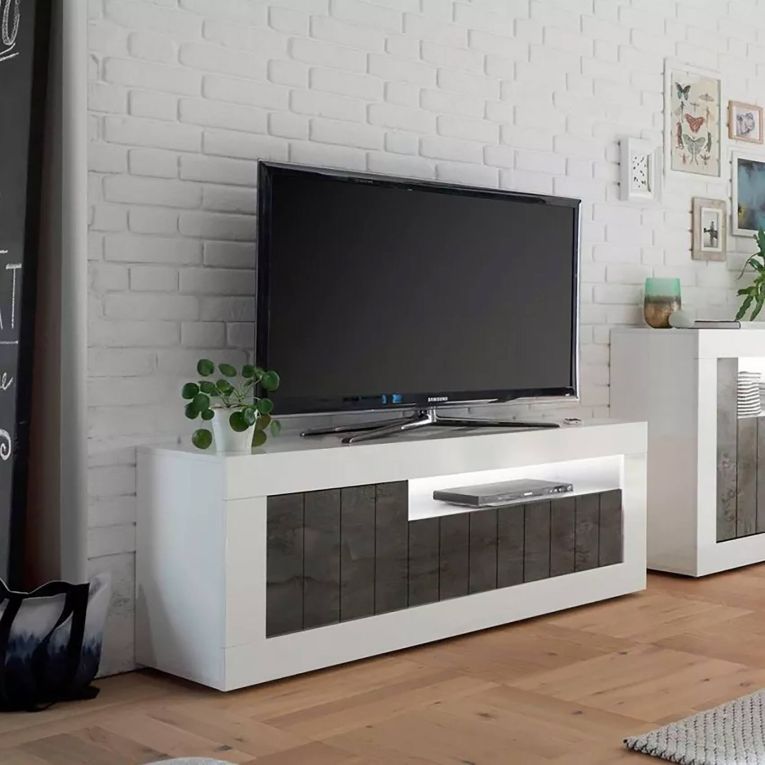 Mobile TV bianco lucido e ardesia 138x42x56h cm 3 ante - Iole