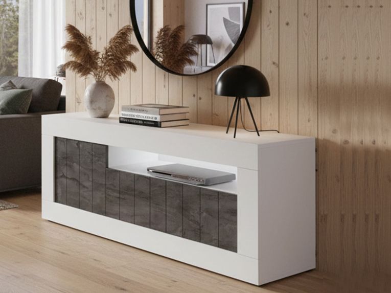 Mobile TV bianco lucido e ardesia 138x42x56h cm 3 ante - Iole